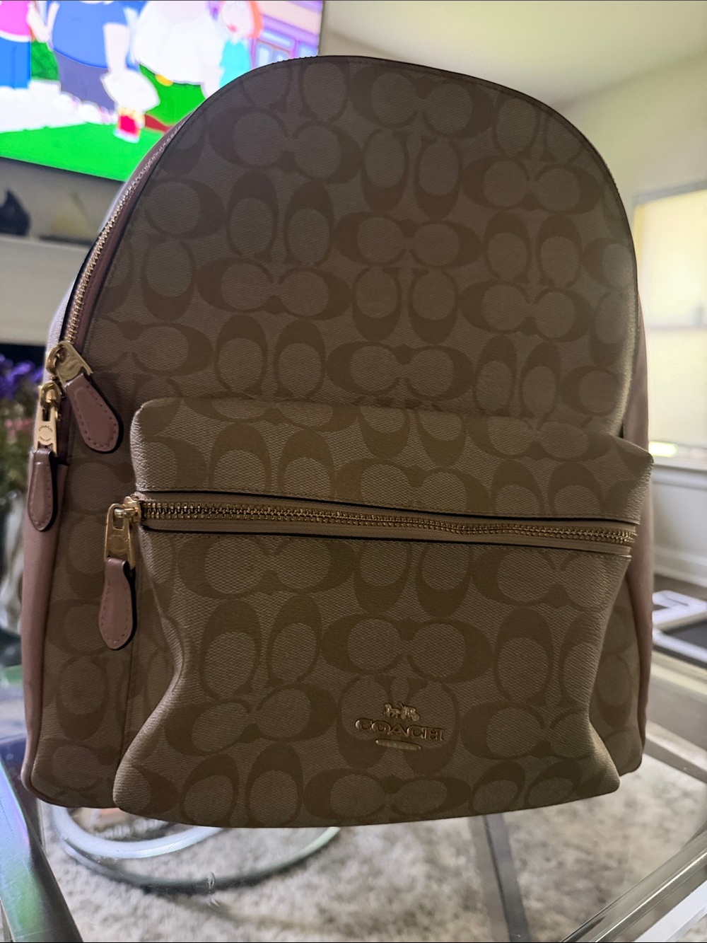 Coach Signature Monogram Pink Brown/Tan Backpack